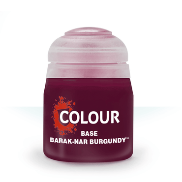 A small cylindrical container of paint labeled "Citadel Base - Barak-Nar Burgundy™," perfect for a solid basecoat. The bottle is dark burgundy with a light pink, rounded lid. The label features a splash of paint behind the word "Citadel" in white text, highlighting its high pigment count for a smooth matt finish.