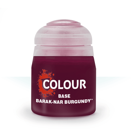 A small cylindrical container of paint labeled "Citadel Base - Barak-Nar Burgundy™," perfect for a solid basecoat. The bottle is dark burgundy with a light pink, rounded lid. The label features a splash of paint behind the word "Citadel" in white text, highlighting its high pigment count for a smooth matt finish.