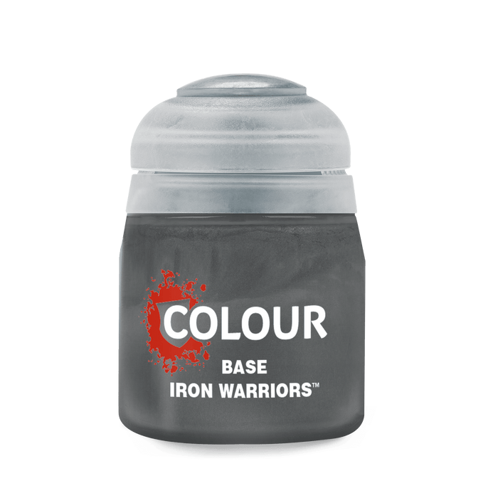 A cylindrical plastic container with a transparent lid, labeled "Citadel Base - Iron Warriors" on the front. The label features a red splatter graphic and white text. Part of the Citadel Base paints range, this high-quality acrylic paint fills the container with gray pigment perfect for base coating your miniatures.