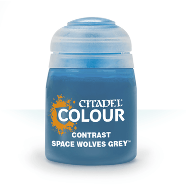 A vivid-base blue container featuring striking white text, labeled as Citadel Contrast - Space Wolves Grey by Citadel.