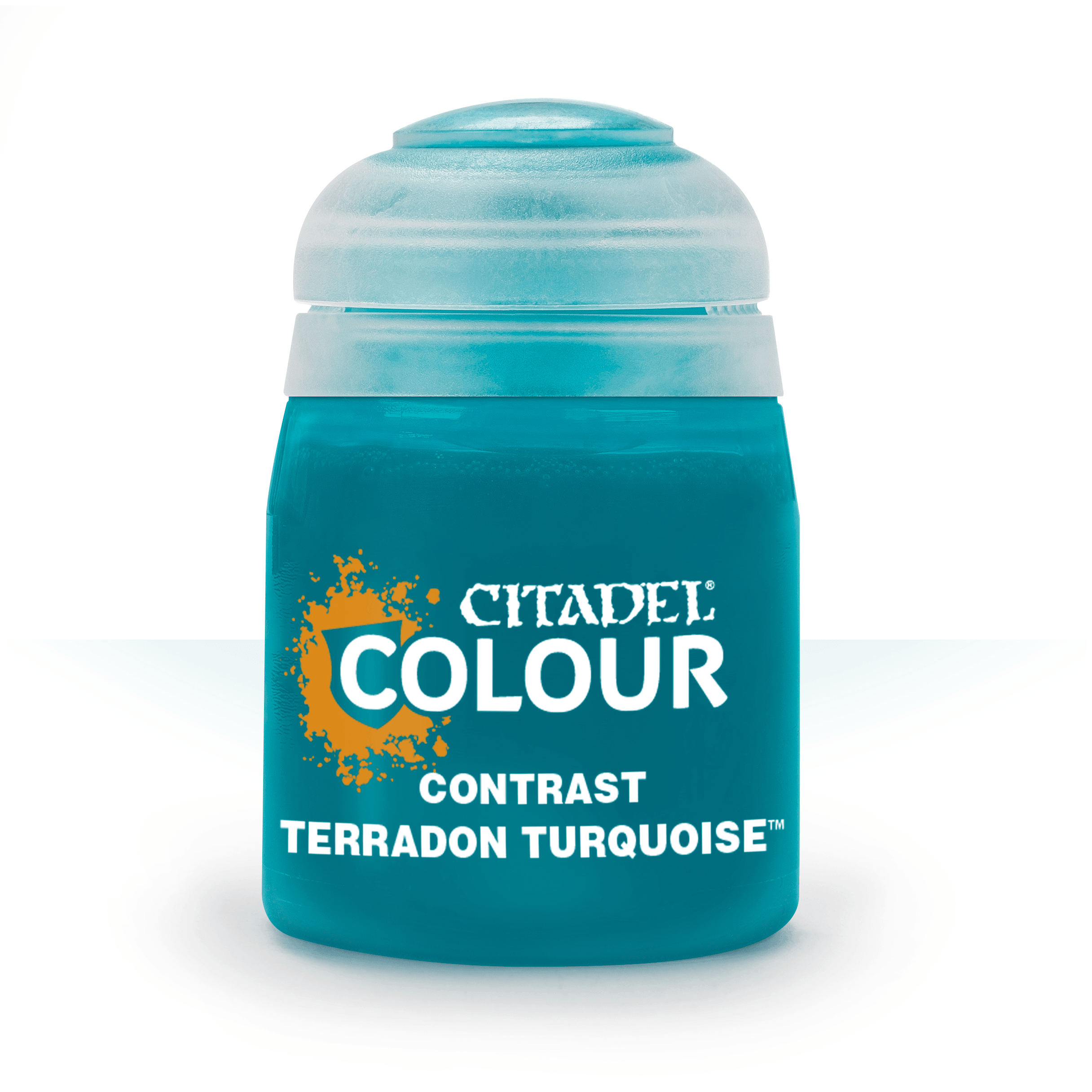 The small container has a turquoise body with vivid base and realistic shading beneath its frosted cap. The label reads 