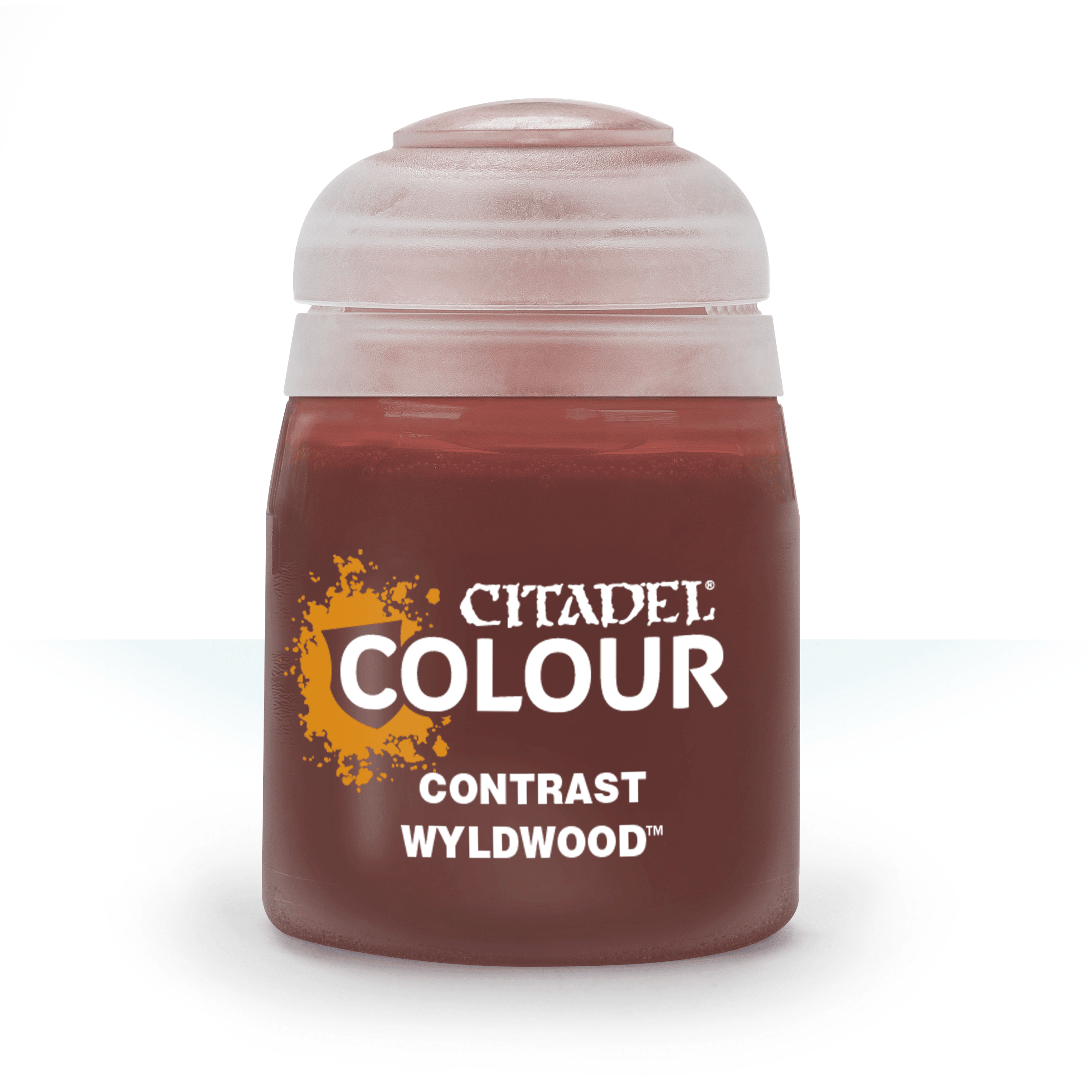 Image of a small cylindrical container of Citadel paint with a transparent lid. The label displays the brand name 