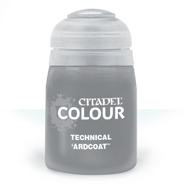 The Citadel Technical - Ardcoat is ideal for enhancing miniatures with special effects. It comes in a sleek clear bottle showing gray liquid, capped with a round translucent lid. The label displays white text and a splash design on a reflective white background.