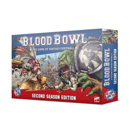 Box cover of "BLOOD BOWL: SECOND SEASON EDITION (ENG)" by Games Workshop. The artwork depicts a dramatic, ultra-violent fantasy football scene with an armored orc about to charge a helmeted human player. Both characters are in action poses. The background shows a stadium with cheering fans. The game's title and edition are displayed prominently.