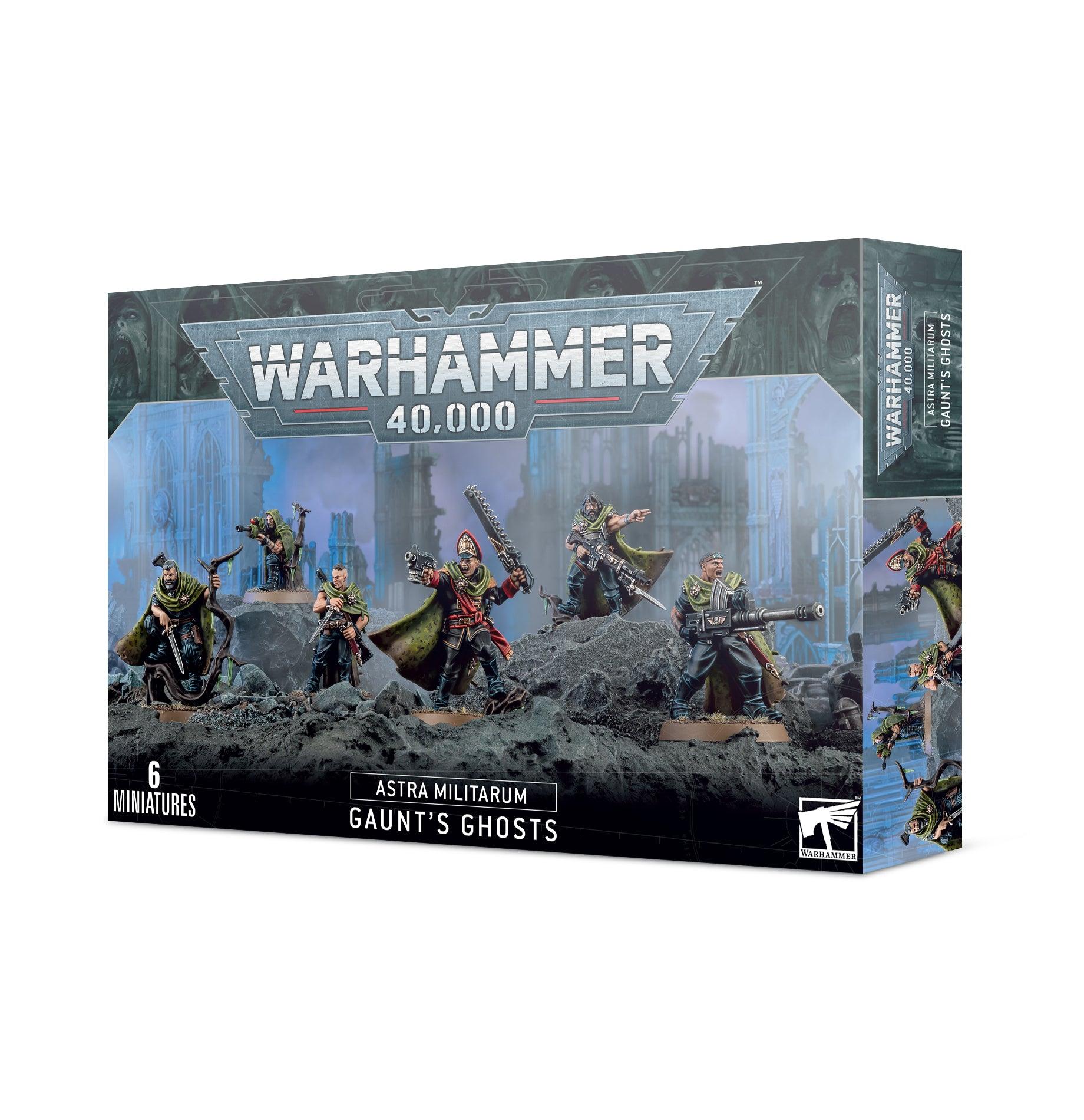 A box of ASTRA MILITARUM: GAUNT'S GHOSTS miniatures, featuring the heroic Tanith First and Only from Warhammer 40,000. The box art showcases six detailed soldier miniatures in dynamic poses, set against a war-torn scenery. The title 