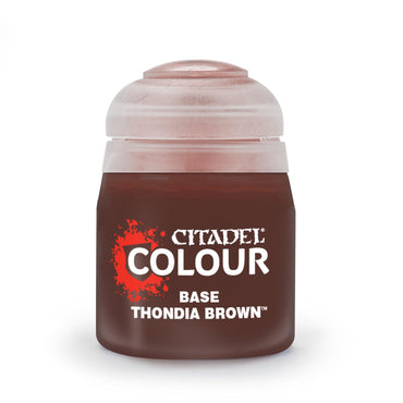 The Citadel Base - Thondia Brown is an acrylic miniature paint in a transparent pot with rich brown color and a textured round cap. It features white text and the red splatter logo on the front, set against a plain white background.