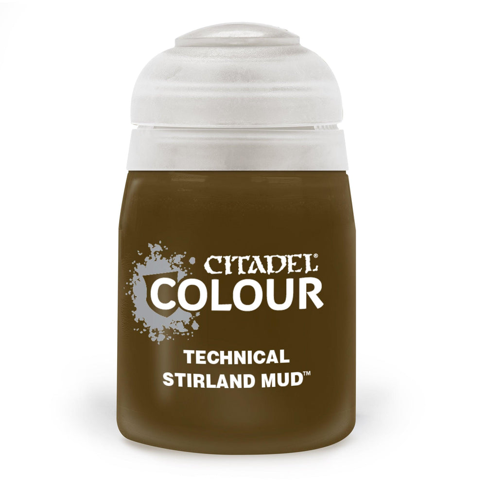 A small, translucent plastic paint container with a white lid is labeled "Citadel Technical - Stirland Mud." Filled with dark brown paint, this Citadel product is perfect for adding special effects to your miniatures.