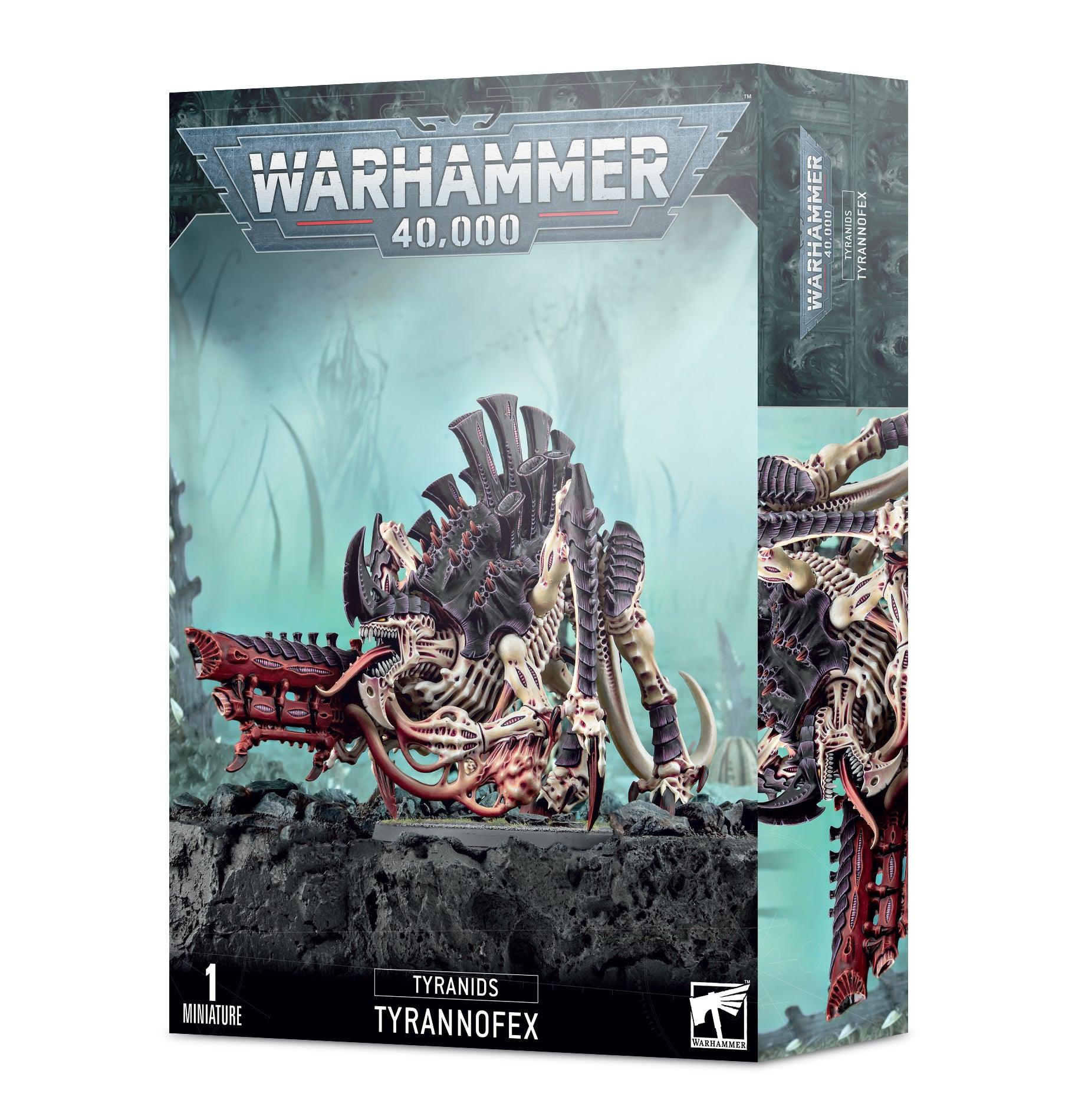 The Games Workshop TYRANIDS: TYRANNOFEX box art features this alien beast with a rupture cannon in a foggy dystopian landscape. The Warhammer 40,000 logo is at the top, and 