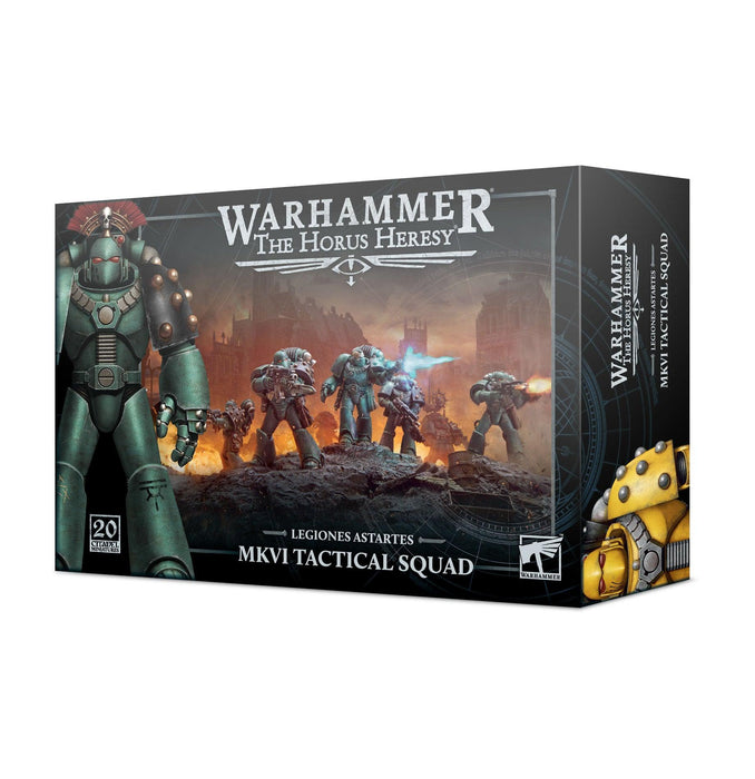 The image shows a Games Workshop LEGIONES ASTARTES: MKVI TACTICAL SQUAD box featuring three armored miniature figures in MKVI 'Corvus' Power Armor on a battlefield with smoke and ruins. The box has "Warhammer: The Horus Heresy" text at the top and "MKVI Tactical Squad" at the bottom, with 20 Space Marine Legion miniatures included.