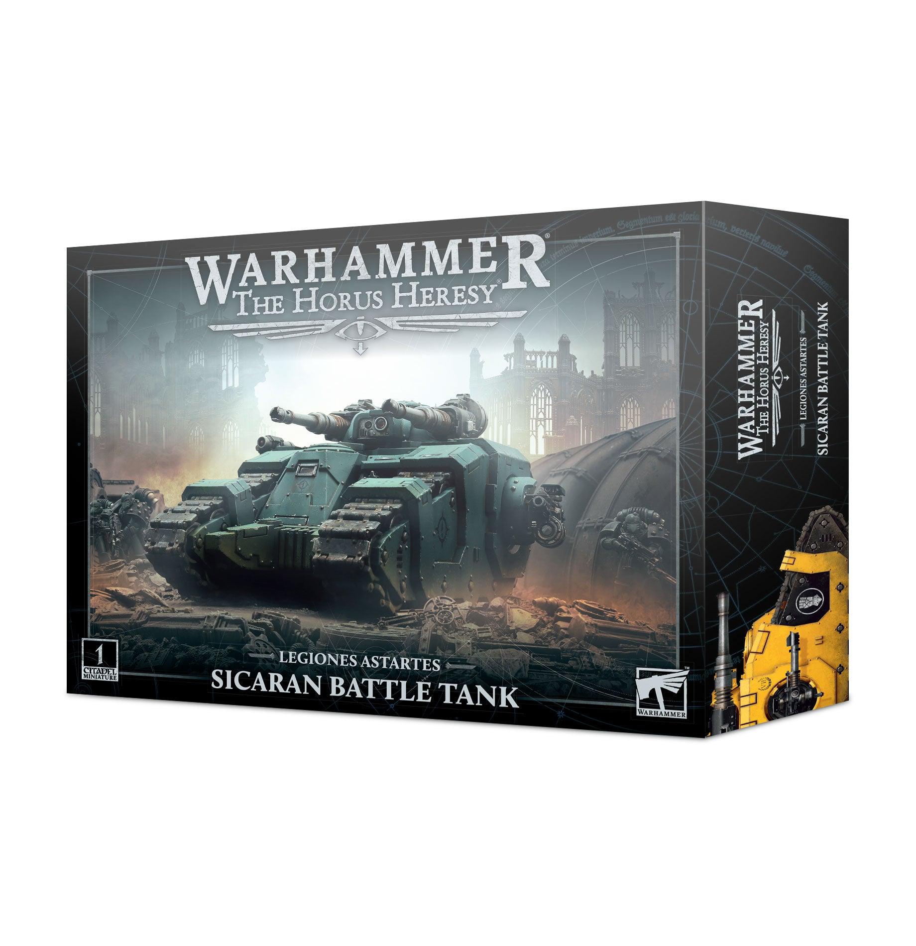 Games Workshop's LEGIONES ASTARTES: SICARAN BATTLE TANK features box art of the tank with accelerator autocannons in a war-torn city, highlighting its role in the series.