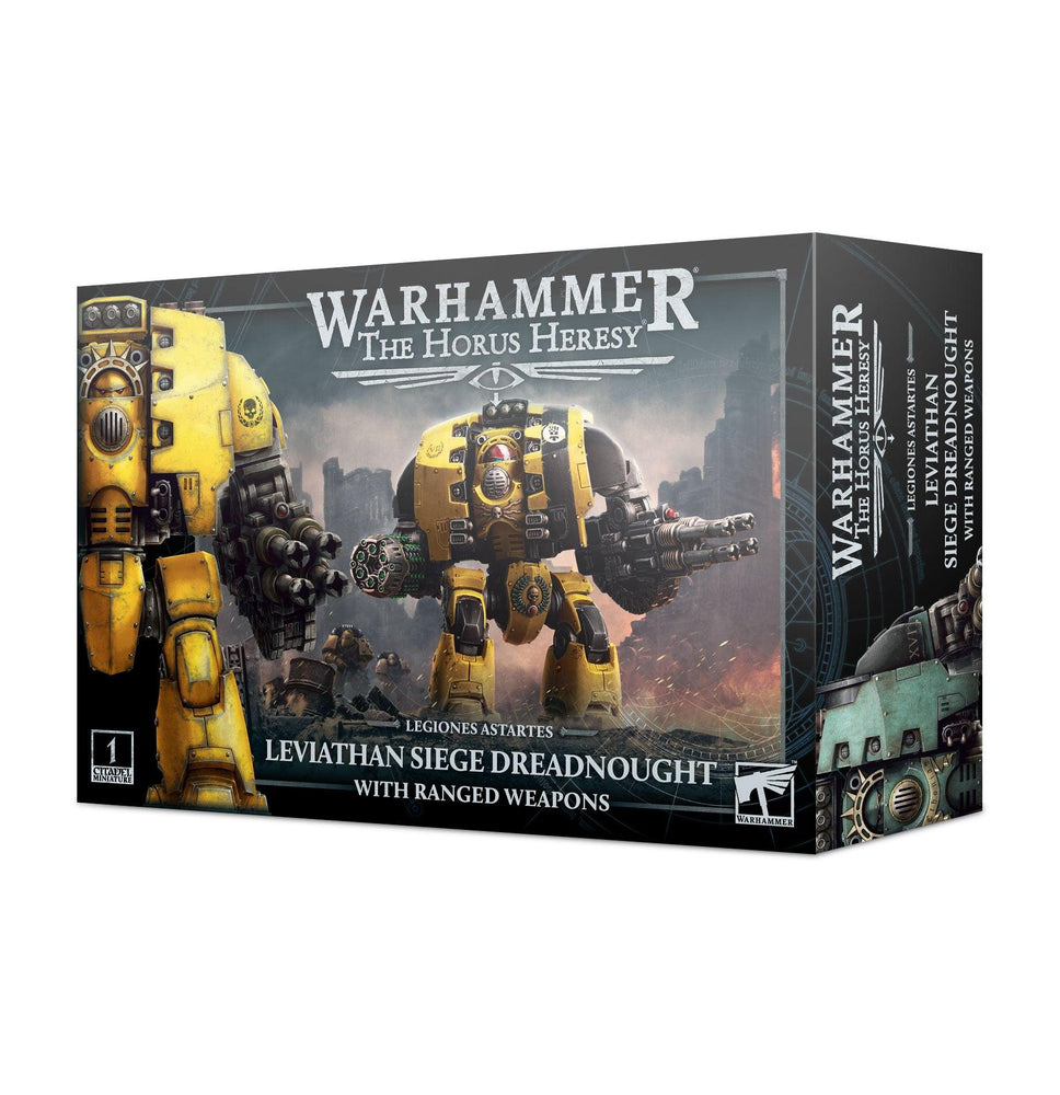 The box art for the Games Workshop's LEVIATHAN DREADNOUGHT WITH RANGED WEAPONS features the imposing armored walker amid a dark sci-fi battle scene, complete with the Warhammer logo and product specifics.