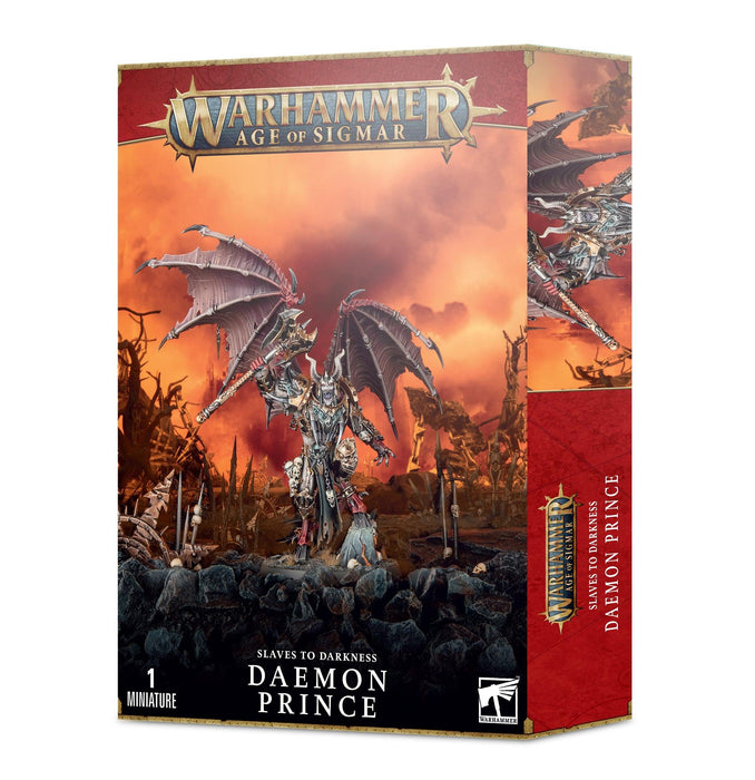 The image shows the packaging for a Games Workshop miniature model, labeled "SLAVES TO DARKNESS: DAEMON PRINCE." The box features an illustration of a winged, armored Daemon Prince against a fiery, chaotic background. The box indicates it contains 1 Chaos miniature.