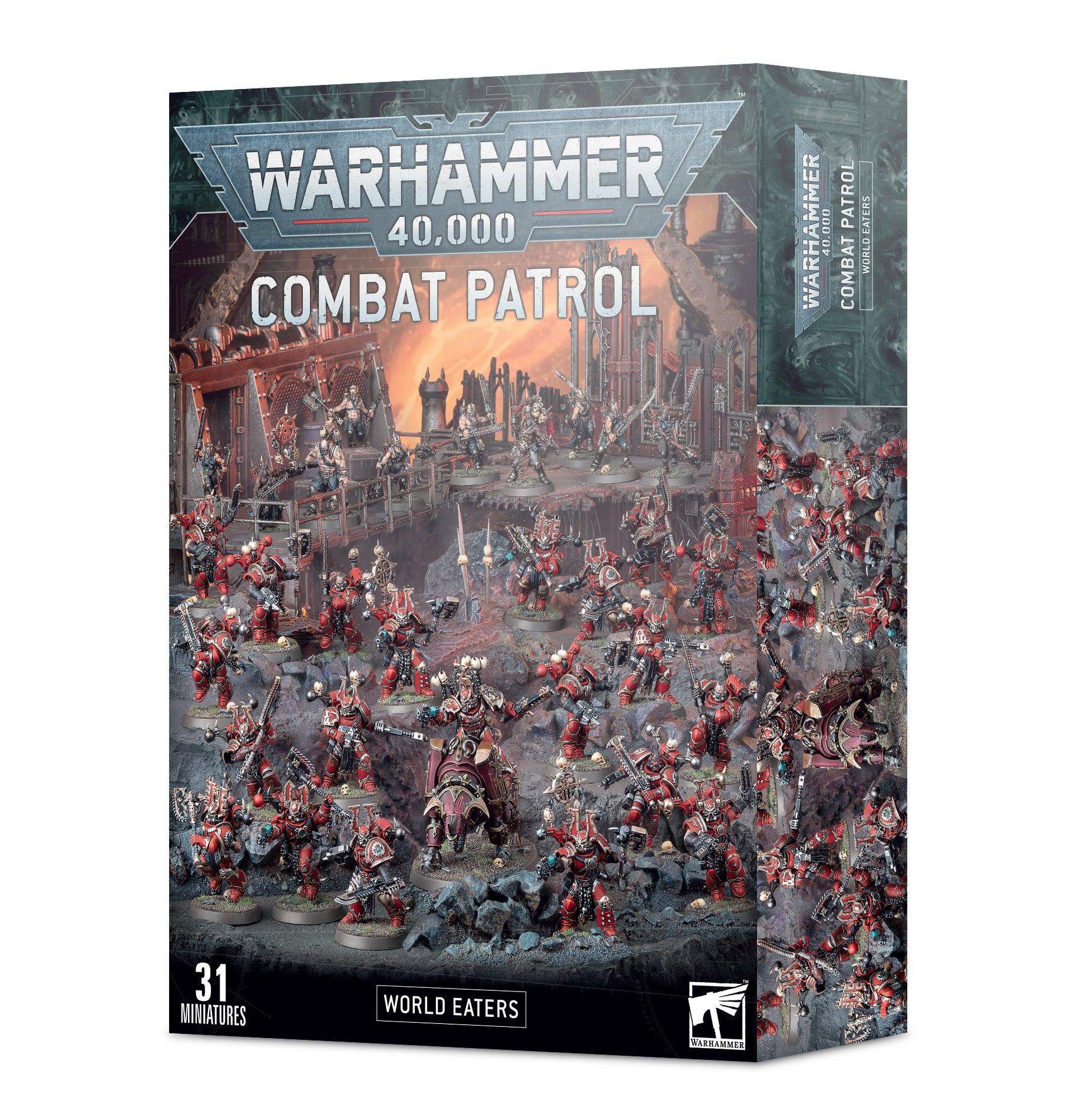 The box cover of the Games Workshop's COMBAT PATROL: WORLD EATERS set showcases 31 assembled and painted miniatures set against a fiery battlefield background, evocative of the Horus Heresy. The top features the Warhammer 40,000 logo, with 