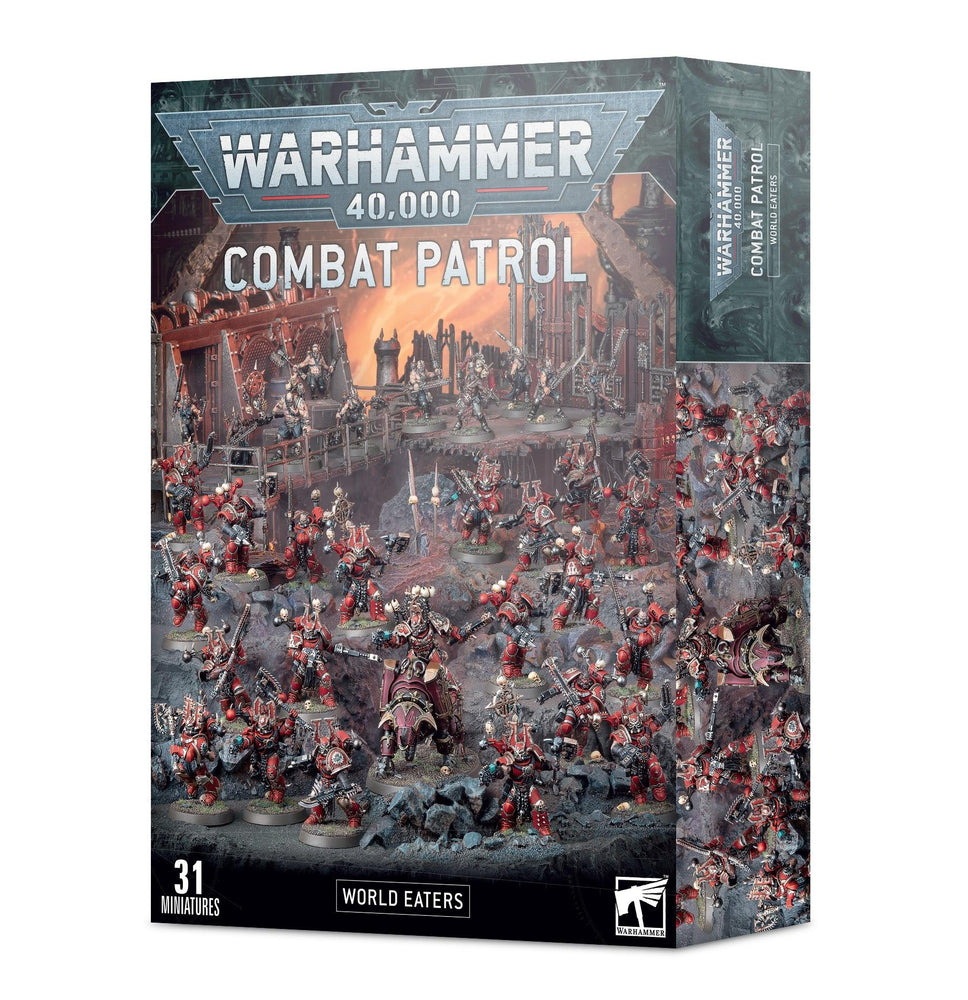 The box cover of the Games Workshop's COMBAT PATROL: WORLD EATERS set showcases 31 assembled and painted miniatures set against a fiery battlefield background, evocative of the Horus Heresy. The top features the Warhammer 40,000 logo, with "Combat Patrol" and "World Eaters" labels underneath.