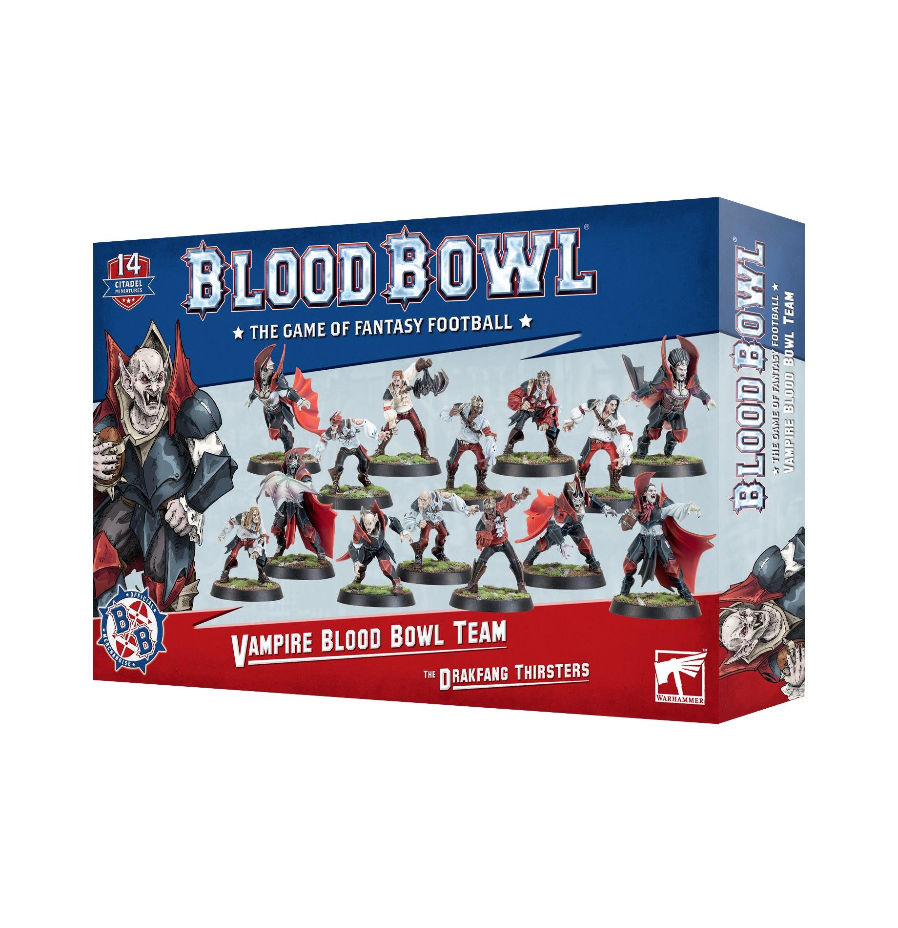 The BLOOD BOWL: VAMPIRE TEAM by Games Workshop features 14 dynamic vampire miniatures, highlighting an armored vampire and the team name 