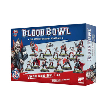 The BLOOD BOWL: VAMPIRE TEAM by Games Workshop features 14 dynamic vampire miniatures, highlighting an armored vampire and the team name "Drakfang Thirsters," capturing the exciting essence of fantasy football with your favorite vampire team.