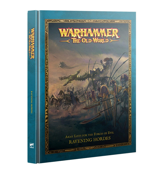 The image shows a book titled "Warhammer: The Old World - Ravening Hordes." The cover art features a chaotic battle scene with armored warriors and monstrous creatures. The book, essential for any tabletop strategist, has a blue spine with a Games Workshop logo.
