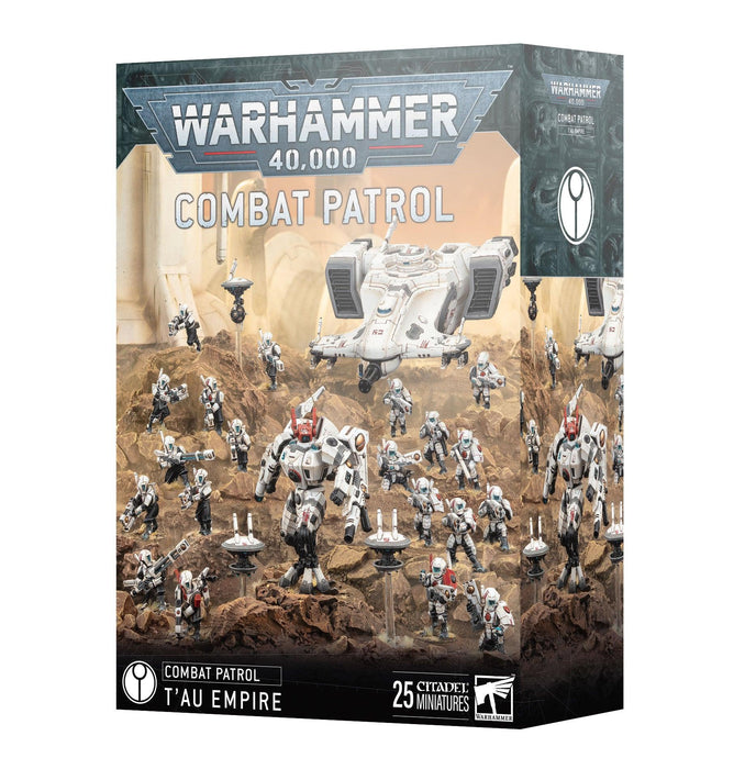 A box for the COMBAT PATROL: T'AU EMPIRE set from Games Workshop. The front displays detailed miniature models in a desert landscape, showcasing unmanned drones, armored infantry, and a large futuristic vehicle. The packaging highlights that it includes 25 Citadel Miniatures and embodies the Mont'ka strategy.