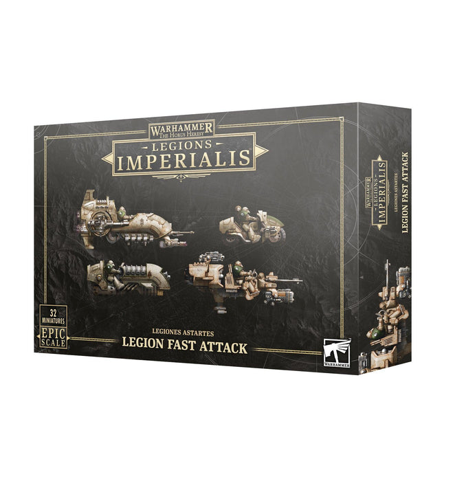 The image shows a box of "Games Workshop LEGIONS IMPERIALIS: LEGION FAST ATTACK." The box features artwork of small model vehicles, including anti-grav skimmer vehicles and combat bikes. The packaging is primarily black with gold and white text, including logos and details about the contents, such as "32 miniatures" and "Epic Scale.