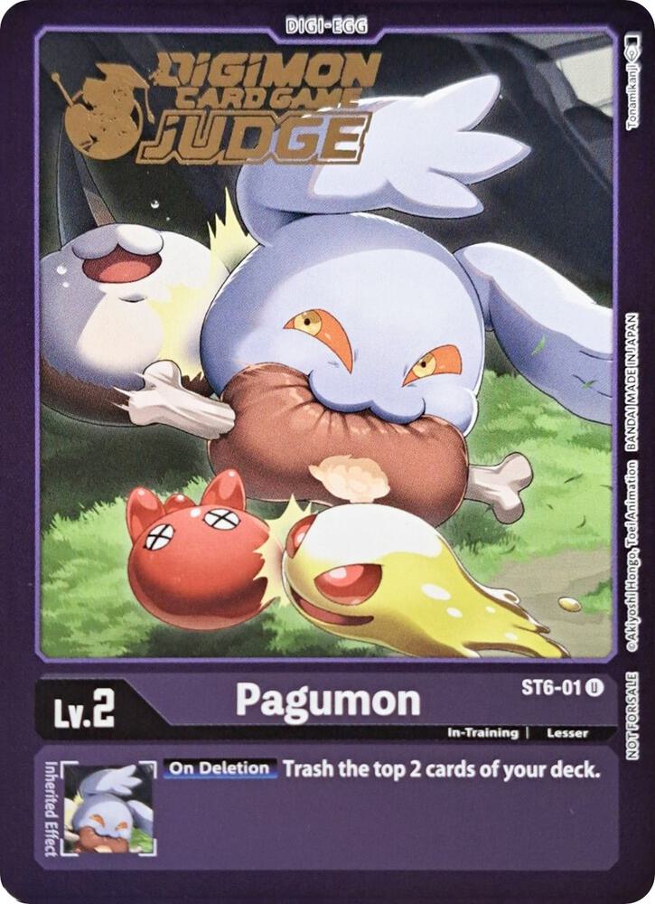 A Digimon card called Pagumon [ST6-01] (Judge Pack 2) from the Starter Deck: Venomous Violet Promos series shows Pagumon at In-Training Level 2, nibbling on a brown fruit-like object with a mischievous expression. Accompanying the mischievous Pagumon are three small, colorful creatures. The Promo card features effects, type, and series details highlighted in purple borders.