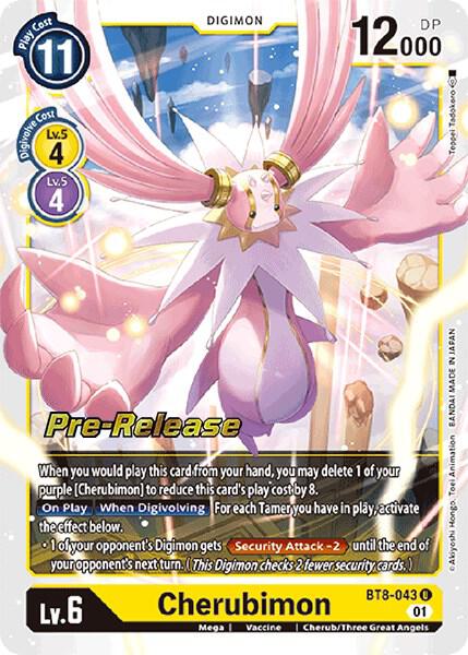 The image features a rare Cherubimon [BT8-043] card from the Digimon: New Awakening Pre-Release set. This pink, rabbit-like creature is adorned with large wings and a flowing robe. With Tamer appeal, it has a Play Cost of 11, DP of 12000, and Digivolution Costs of 4/4. As a Pre-Release version, it comes with special abilities.