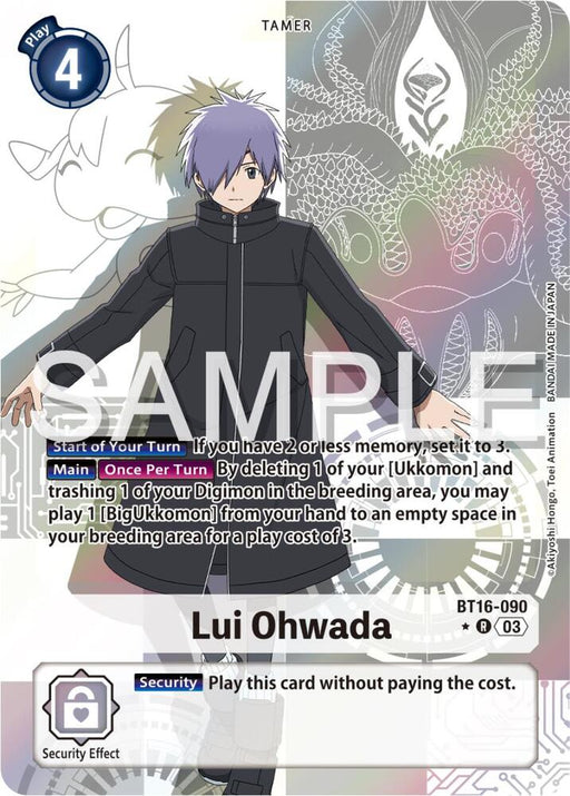 This rare card from the Digimon brand features Lui Ohwada [BT16-090] in alternate art, highlighting his signature purple hair and black attire. The abstract backdrop is enhanced with a "Sample" watermark, and the text provides details on his abilities, making it an essential piece for any Beginning Observer.