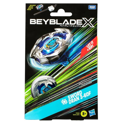 The image displays the packaging for a Beyblade X toy called Sword Dran 3-60F Starter Pack Set with Attack Type Top & Launcher. The packaging features an illustration of the Beyblade with blue, silver, and black colors. It highlights the X-Celerator Gear System and includes "LET IT RIP!" in its text, indicating it is suitable for ages 8 and up. The manufacturer's logo, Hasbro, is also present.