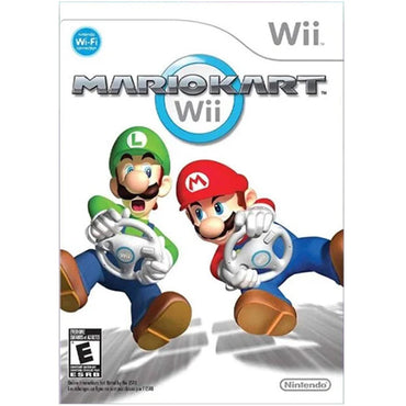 The image shows Mario Kart Wii, an exciting racing game by Nintendo. Mario and Luigi pose dynamically with Wii wheels, embodying multiplayer fun. The logo displays the game's title and Wi-Fi symbol, alongside Nintendo's brand and ESRB "Everyone" rating logos.