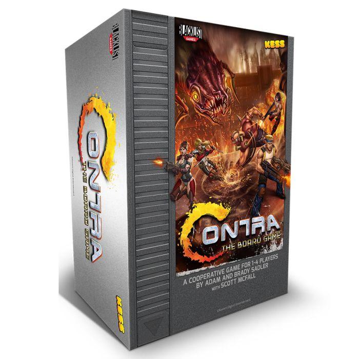 The box for "Contra: The Board Game" by Kessler Corporation displays dynamic artwork of characters fighting aliens in a fiery landscape. It features the text "A Cooperative Strategy Board Game for 1-4 Players," designer names, and a retro game cartridge design on the side.