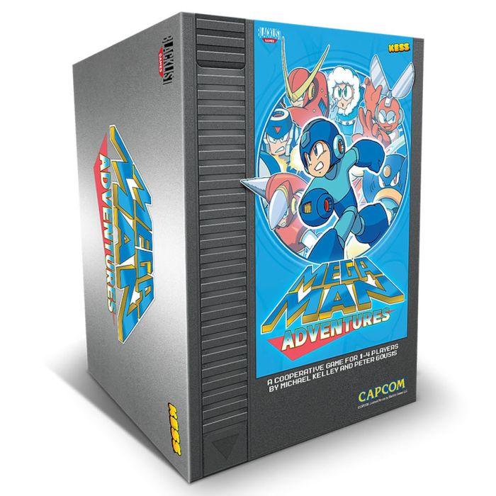 The "Megaman Adventures" board game from Kessler Corporation features vibrant art of Mega Man battling Robot Masters. This cooperative 1-4 player game, designed by Michael Kelley and Peter Gousis, showcases its title in bold lettering on the box's sides.