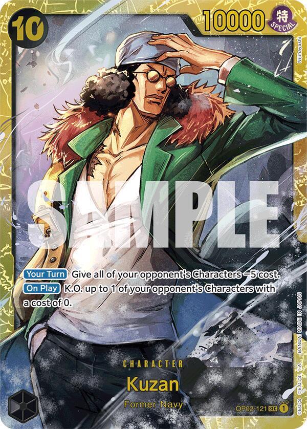 The Kuzan (OP02-121) Reprint card from Bandai's Premium Booster -The Best- depicts this Navy faction character in a green coat with fur trim, sunglasses, and a hat. With a 10,000 power level, this Secret Rare can disable opponents costing 5 and KO those costing 0.