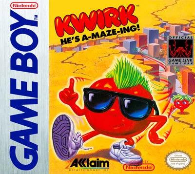 The "Kwirk" Game Boy cover from Everything Games features Kwirk, a red tomato with sunglasses, green spiky hair, and sneakers giving a thumbs-up in front of a maze under a yellow sky. Text: "He's A-Maze-Ing!" plus logos for "Official Game Link," Acclaim, and Nintendo.