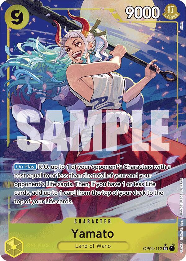 This is a Super Rare trading card from the Premium Booster -The Best- Memorial Collection by Bandai, featuring Yamato (OP04-112) in alternate art from One Piece. Yamato showcases long, flowing blue and white hair and traditional samurai attire while wielding a large club. The multicolored gradient background highlights abilities and stats: cost 