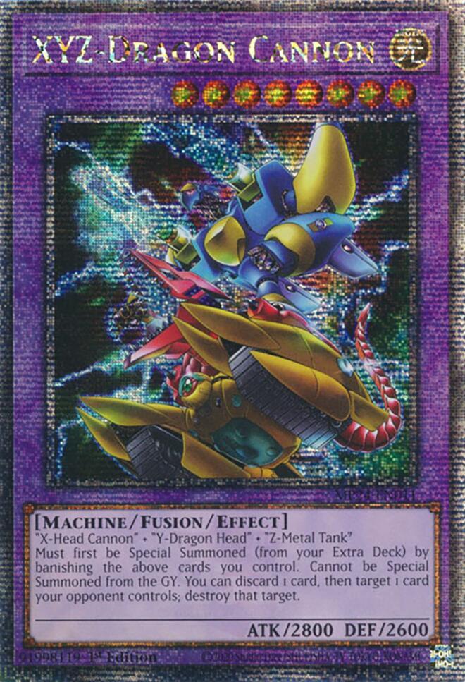 The image displays an "XYZ-Dragon Cannon (Alternate Art) [MP24-EN011]" Yu-Gi-Oh! trading card, which is a stunning Quarter Century Secret Rare. This card showcases a robotic fusion equipped with blue and yellow armor featuring large cannons. The holographic design includes purple borders, and the card boasts impressive stats: ATK 2800, DEF 2600. It is categorized as a Machine/Fusion/Effect type.