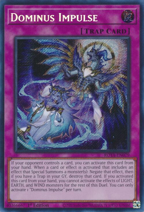 The image features a Yu-Gi-Oh! Normal Trap card, "Dominus Impulse [ROTA-EN079] Secret Rare," a 1st Edition with a purple border. It depicts two mystical armored figures in blue and white against an energy swirl, hinting at the Rage of the Abyss. The text details card effects.