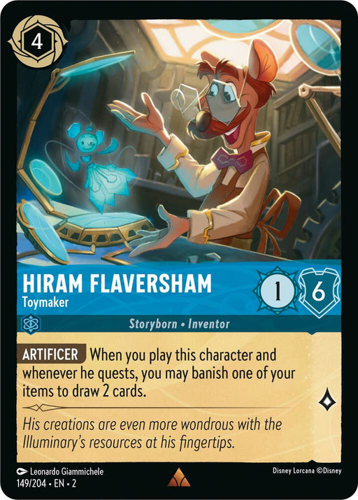 A rare card from Disney's "Disney Lorcana: Rise of the Floodborn" set, "Hiram Flaversham - Toymaker (149/204)," features the toymaker excitedly presenting a holographic blue ballerina toy. With a cost of 4, strength of 1, and willpower of 6, his ability allows you to draw two cards by banishing one of your items.