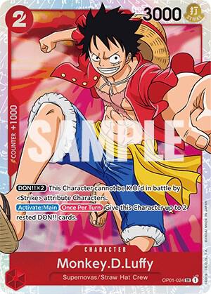 The Bandai Monkey.D.Luffy [Romance Dawn] Super Rare trading card features the character in his signature red vest, blue shorts, and straw hat, embodying the essence of Romance Dawn. As part of the Supernovas/Straw Hat Crew, his power stats and abilities are prominently showcased. A 