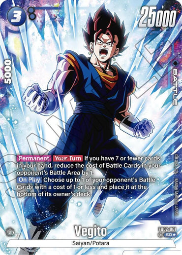 The Vegito (FB02-061) Alternate Art card from Dragon Ball Super: Fusion World features a Super Rare Saiyan warrior with spiky hair and a determined expression in a two-tone outfit, surrounded by a dynamic blue energy burst. Card attributes include cost 3, power 25000, abilities, and card play conditions.