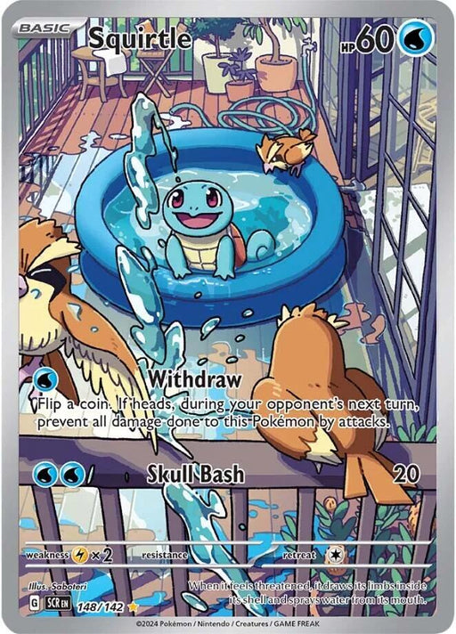 A Pokémon trading card featuring a Squirtle (148/142) from the Scarlet & Violet: Stellar Crown series. Squirtle is joyfully splashing in a small, blue inflatable pool on a balcony. This Illustration Rare card has 60 HP and showcases two abilities: Withdraw and Skull Bash. The sunny setting includes plants and a water jug, conveying a cheerful and relaxed atmosphere.