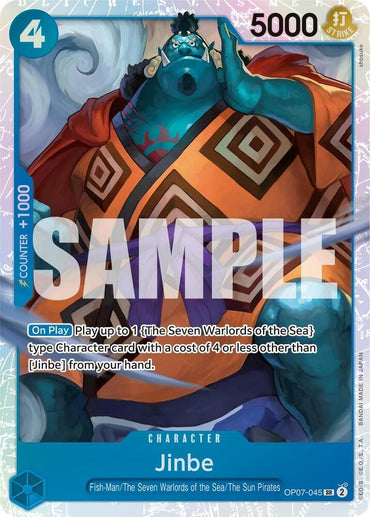 The Bandai trading card, "Jinbe (045) [500 Years in the Future]," features an illustration of Jinbe from One Piece as a large blue fish-man dressed in a vibrant kimono. With attributes of 5000 power, a cost of 4, and special ability text associated with The Seven Warlords of the Sea, this "SAMPLE" Character Card is highly valued by collectors.