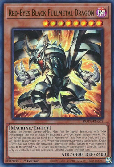 The Ultra Rare "Red-Eyes Black Fullmetal Dragon" trading card by Yu-Gi-Oh! [ROTA-EN005] features a metallic dragon with red eyes amidst flames, boasting 3400 ATK and 2400 DEF, with traditional borders and descriptive text.