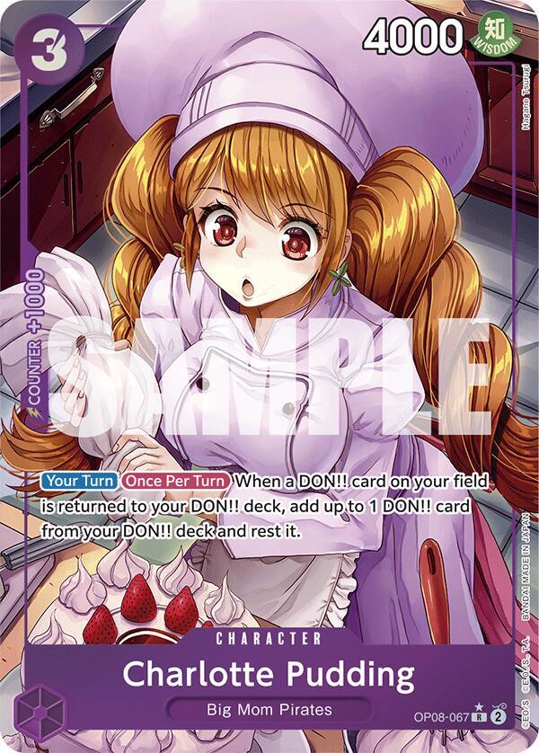 The card features a rare illustration of Charlotte Pudding from One Piece, part of Bandai's 