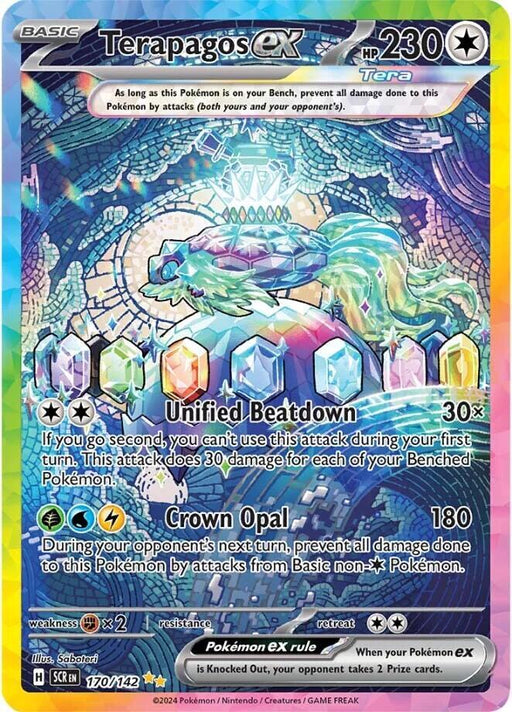 A Pokémon card titled "Terapagos ex (170/142)" from the Scarlet & Violet: Stellar Crown series showcases a turtle-like Pokémon with 230 HP against a crystal-themed, holographic background. This Special Illustration Rare card features moves like Unified Beatdown and Stellar Crown and boasts colorful icons, stats, and a detailed rainbow design.