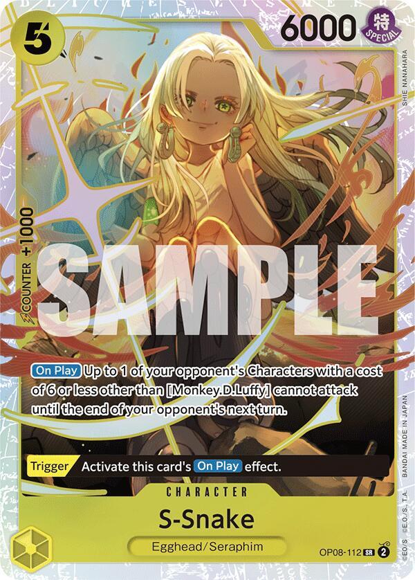 This Super Rare Bandai card features S-Snake [Two Legends] with golden eyes and long hair, surrounded by orange ribbons. It has 5000 power, a 1000 counter, and a 6000 cost. Its On Play Effect skillfully prevents attacks and triggers powerful effects.