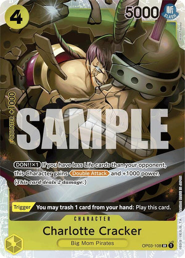 The Charlotte Cracker (Reprint) from Bandai's Premium Booster -The Best- is a Super Rare trading card featuring a Big Mom Pirates character with 5000 power, 4 cost, "Double Attack," "+1000 power" abilities, and distinctive sample text.