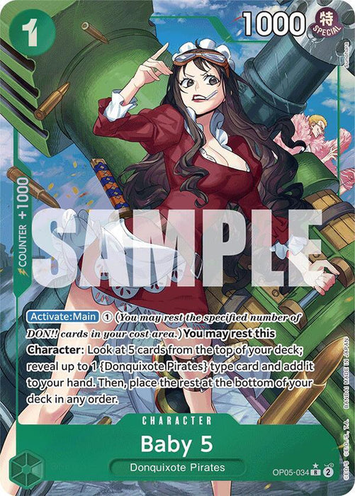 This rare Baby 5 (OP05-034) Alternate Art card from the Premium Booster -The Best- set by Bandai features a dynamic depiction of Baby 5. She is dressed in a red dress with a black jacket, her long dark hair flowing as she strikes, and the card is highlighted with green and red borders. Her game abilities are detailed on this premium card, which is marked with the "SAMPLE" overlay.