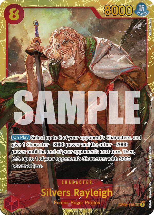 Illustration of an older man with long gray hair and a beard. Seated in a red and tan outfit with a yellow cape, this Secret Rare character card, Silvers Rayleigh [Two Legends] by Bandai, has an 