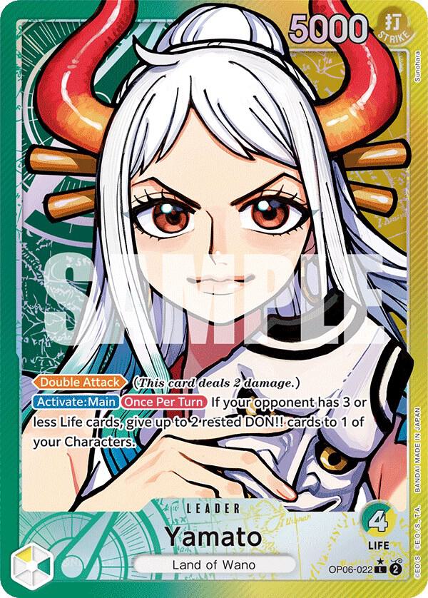 Check out the Yamato (Alternate Art) [Wings of the Captain] Leader Card from Bandai, showcasing Yamato from the "One Piece" series. This card features Yamato with distinctive white hair and horned accessories set against a vibrant backdrop. It has an impressive 5000 attack power and a double attack ability, complemented by special activation text linked to the Land of Wano setting.