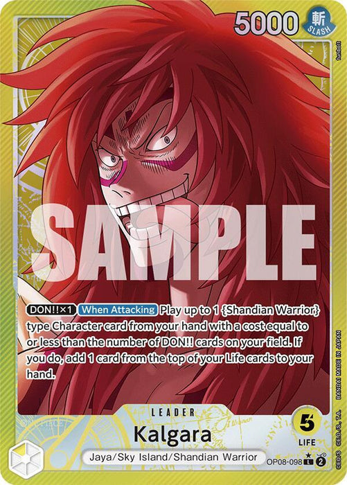 Bandai's Kalgara (Parallel) [Two Legends] trading card showcases the red-haired Shandian Warrior, Kalgara, with an intense expression. The card features a yellow background with circular patterns and prominently displays "SAMPLE" across the center. As a Leader Card, it has a power level of 5000 and includes special abilities detailed in the text box.