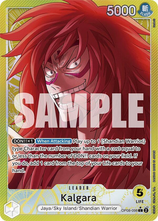 Bandai's Kalgara (Parallel) [Two Legends] trading card showcases the red-haired Shandian Warrior, Kalgara, with an intense expression. The card features a yellow background with circular patterns and prominently displays "SAMPLE" across the center. As a Leader Card, it has a power level of 5000 and includes special abilities detailed in the text box.